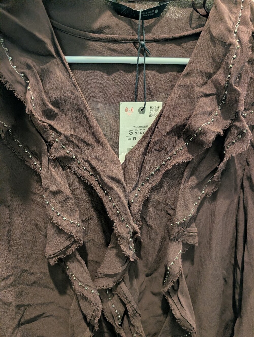 Zara NWT ZW COLLECTION BEADED RUFFLED BLOUSE Brown 5107/287/700 Size Small - Picture 8 of 8